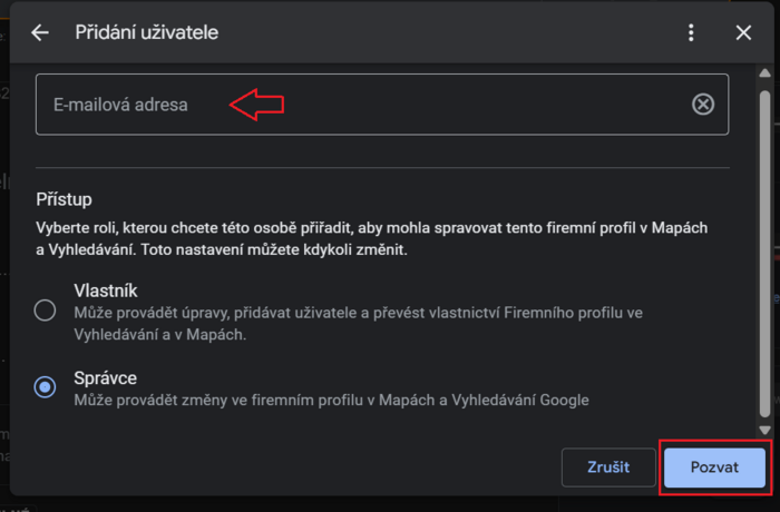 Přidání uživatele do správy firemního účtu