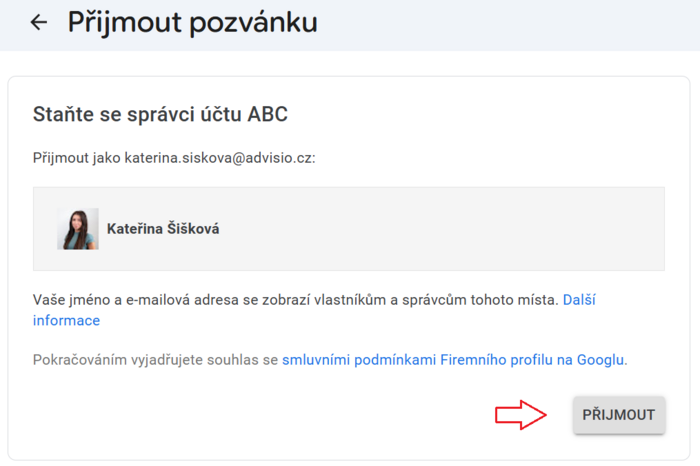 Přijetí pozvánky do firemního účtu